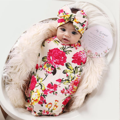 Newborn Receiving Blanket Headband Set Flower Print Baby Swaddle Blankets (Vintage)