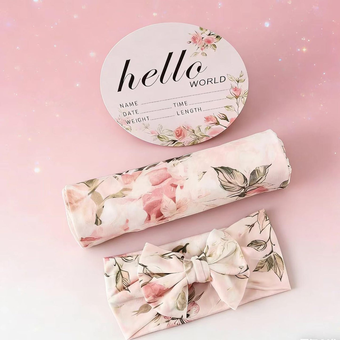 Newborn Receiving Blanket Headband Set Flower Print Baby Swaddle Blankets (Vintage)