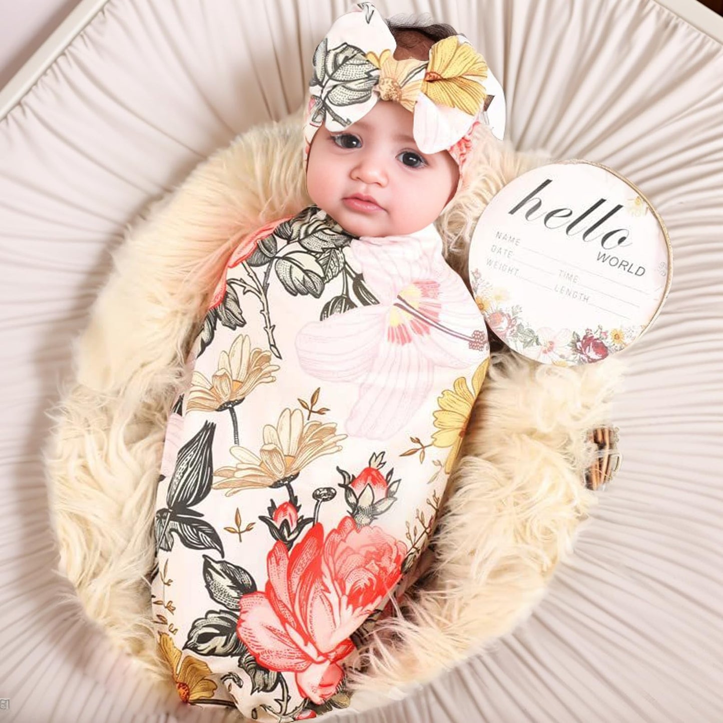 Newborn Receiving Blanket Headband Set Flower Print Baby Swaddle Blankets (Vintage)