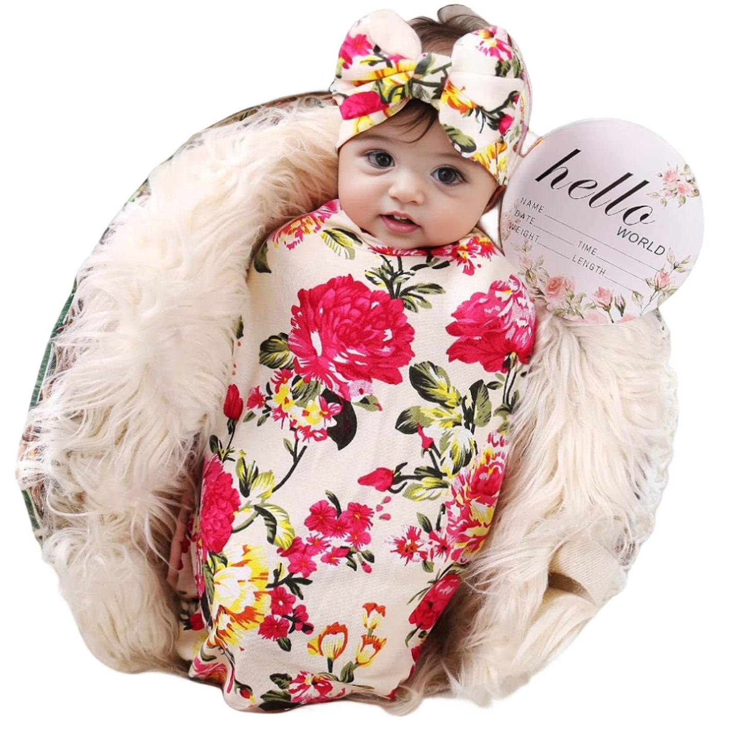 Newborn Receiving Blanket Headband Set Flower Print Baby Swaddle Blankets (Vintage)