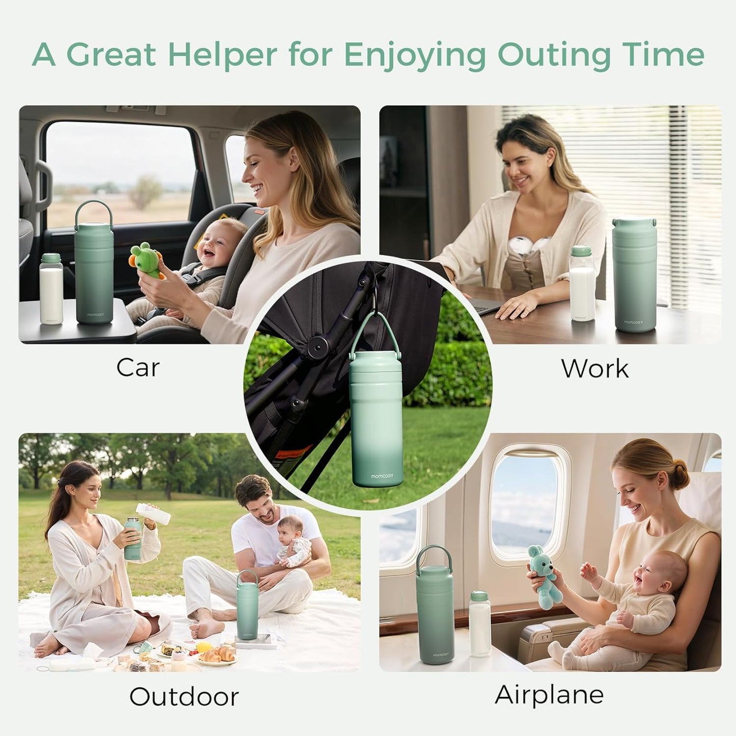 Momcozy 22oz Portable Breast Milk Cooler for Outdoor, Life Saver with 360° Total Cooling for 24 Hours, Larger Capacity Travel Breastmilk Chiller with 2pcs Baby Bottles for Breastmilk Storage, Green