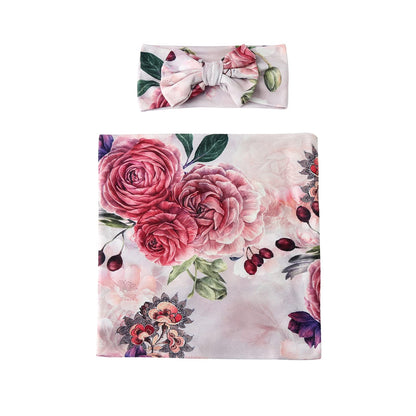Newborn Receiving Blanket Headband Set Flower Print Baby Swaddle Blankets (Vintage)