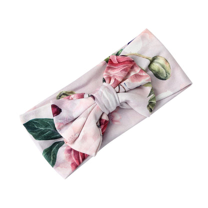 Newborn Receiving Blanket Headband Set Flower Print Baby Swaddle Blankets (Vintage)