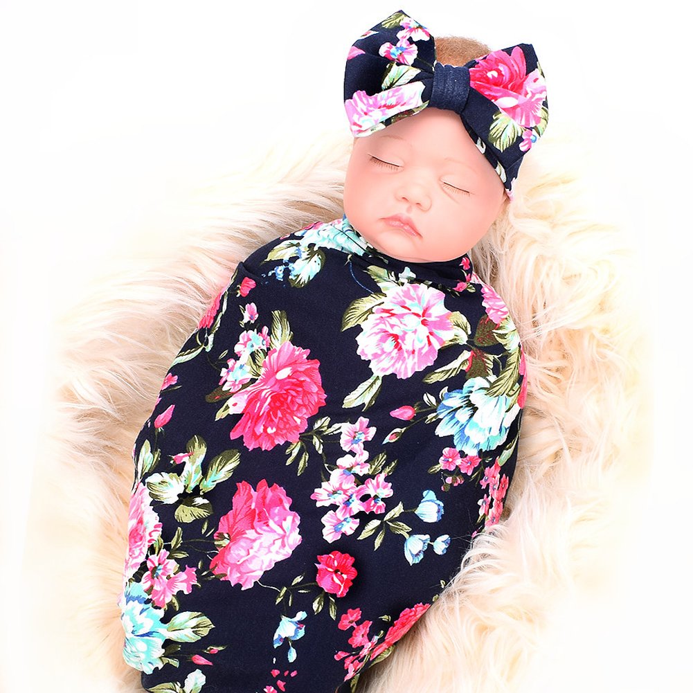 Newborn Receiving Blanket Headband Set Flower Print Baby Swaddle Blankets (Vintage)