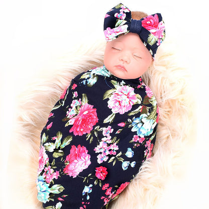 Newborn Receiving Blanket Headband Set Flower Print Baby Swaddle Blankets (Vintage)