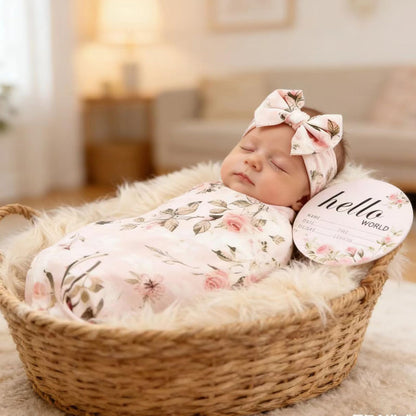 Newborn Receiving Blanket Headband Set Flower Print Baby Swaddle Blankets (Vintage)