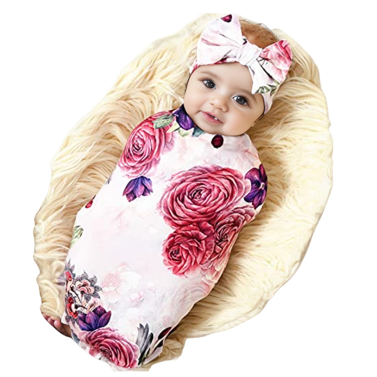 Newborn Receiving Blanket Headband Set Flower Print Baby Swaddle Blankets (Vintage)