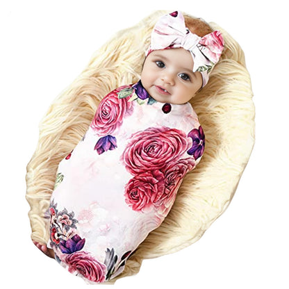 Newborn Receiving Blanket Headband Set Flower Print Baby Swaddle Blankets (Vintage)