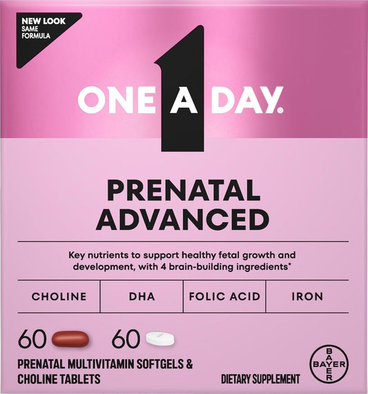 One A Day Prenatal Advanced- Prenatal Vitamins with Folic Acid, Choline, DHA & Iron, Pregnancy Vitamins for Women to Support Baby’s Development, 60+60 Ct (120 Total Set) (Packaging May Vary)