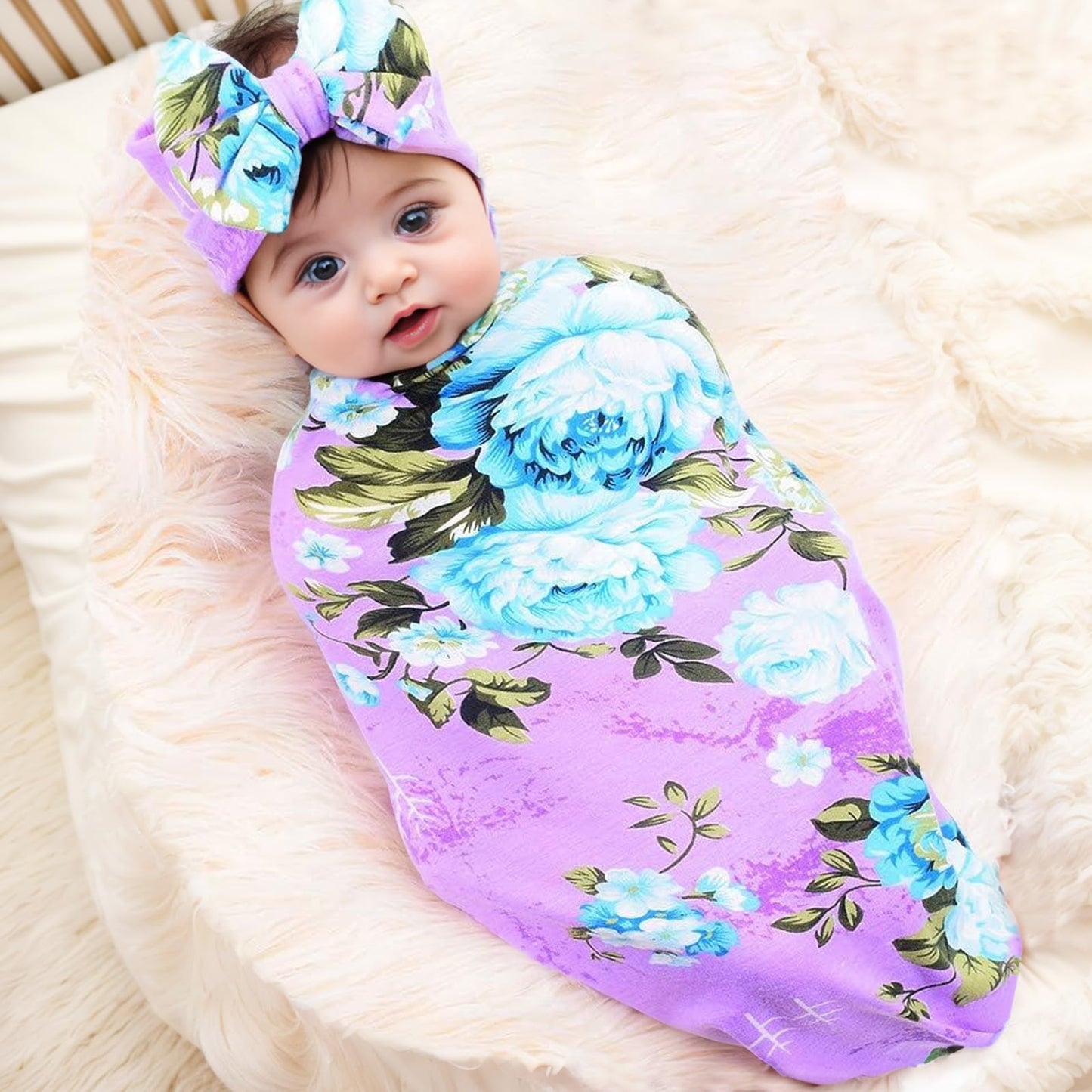 Newborn Receiving Blanket Headband Set Flower Print Baby Swaddle Blankets (Vintage)