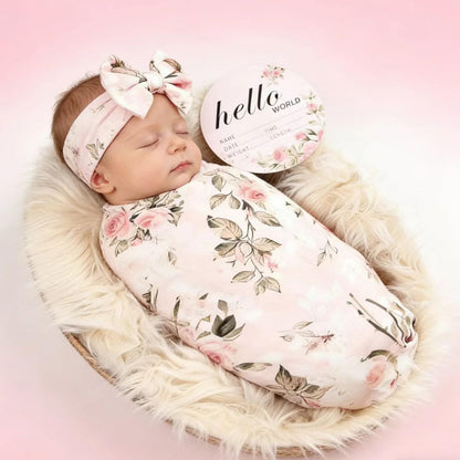 Newborn Receiving Blanket Headband Set Flower Print Baby Swaddle Blankets (Vintage)