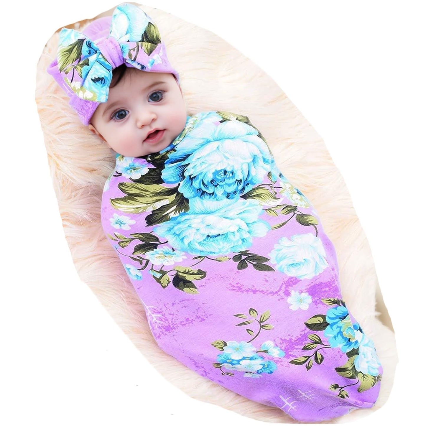 Newborn Receiving Blanket Headband Set Flower Print Baby Swaddle Blankets (Vintage)