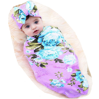 Newborn Receiving Blanket Headband Set Flower Print Baby Swaddle Blankets (Vintage)