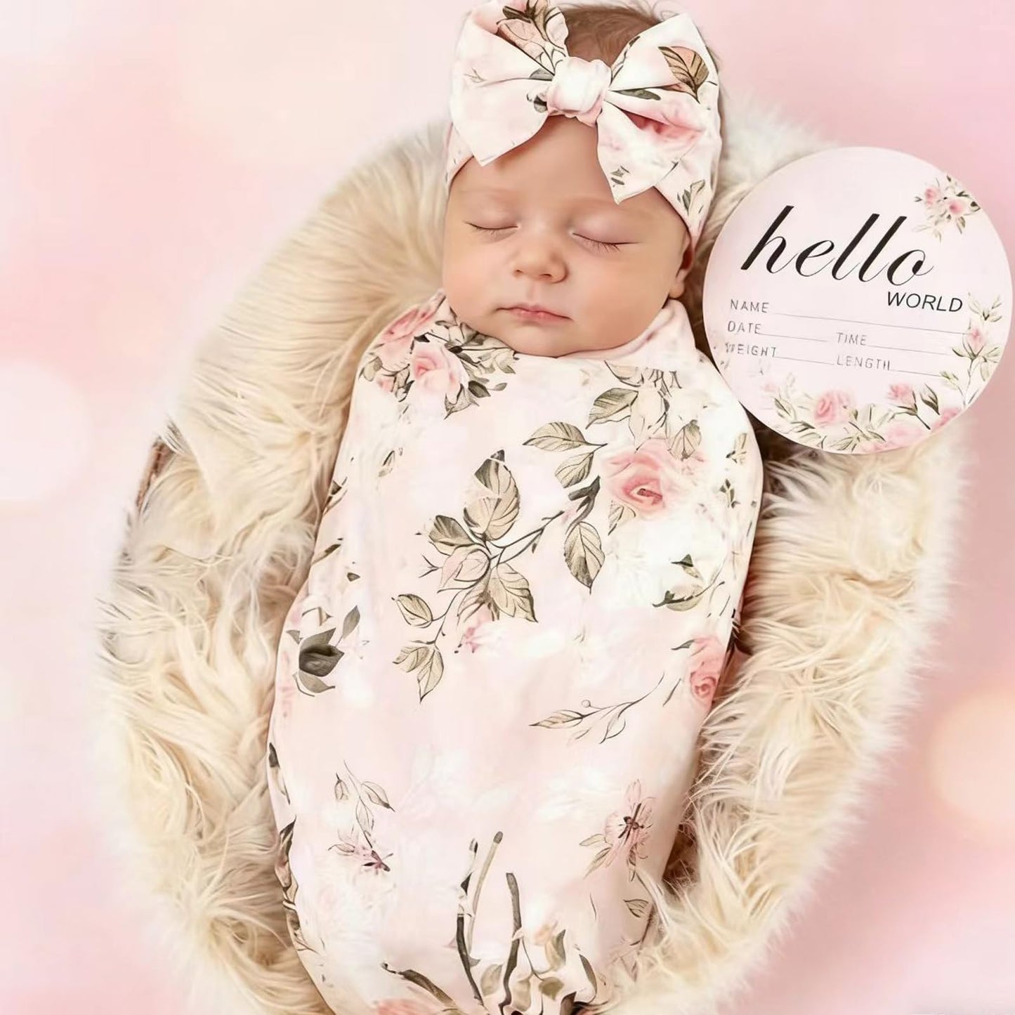 Newborn Receiving Blanket Headband Set Flower Print Baby Swaddle Blankets (Vintage)