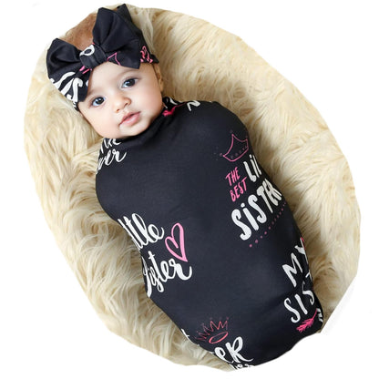 Newborn Receiving Blanket Headband Set Flower Print Baby Swaddle Blankets (Vintage)
