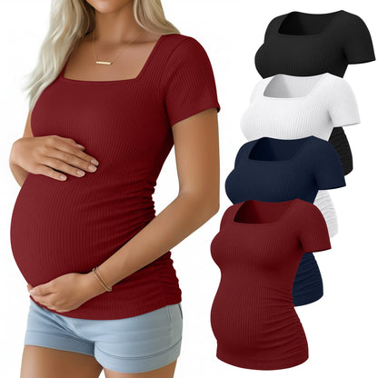 4 Pack Women's Maternity Shirts Cotton Ribbed Short Sleeve Square Neck Pregnancy Tops Side Ruched Summer Tee