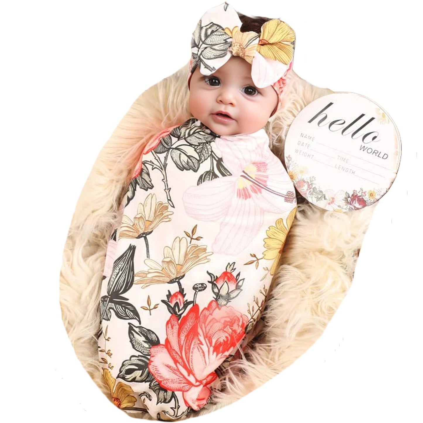 Newborn Receiving Blanket Headband Set Flower Print Baby Swaddle Blankets (Vintage)