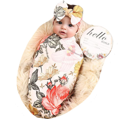 Newborn Receiving Blanket Headband Set Flower Print Baby Swaddle Blankets (Vintage)
