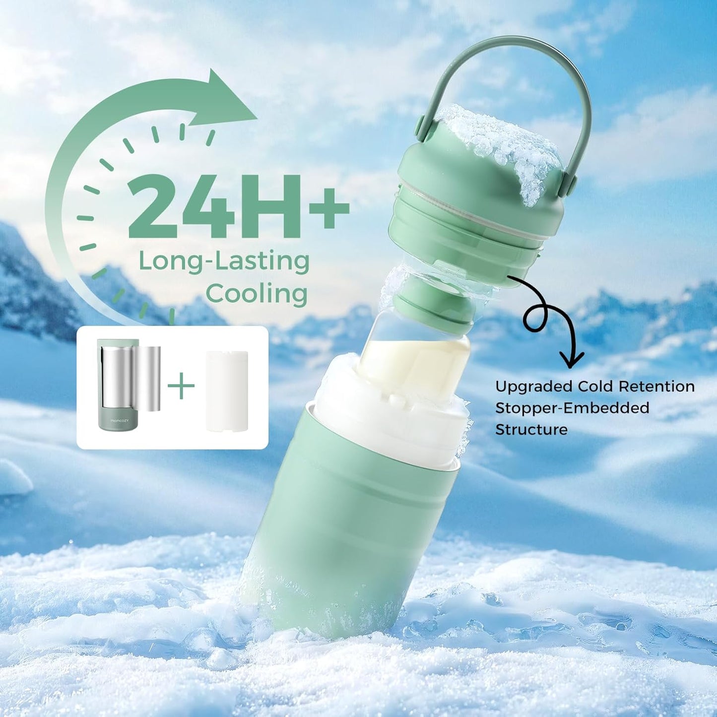 Momcozy 22oz Portable Breast Milk Cooler for Outdoor, Life Saver with 360° Total Cooling for 24 Hours, Larger Capacity Travel Breastmilk Chiller with 2pcs Baby Bottles for Breastmilk Storage, Green