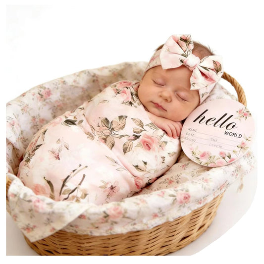 Newborn Receiving Blanket Headband Set Flower Print Baby Swaddle Blankets (Vintage)