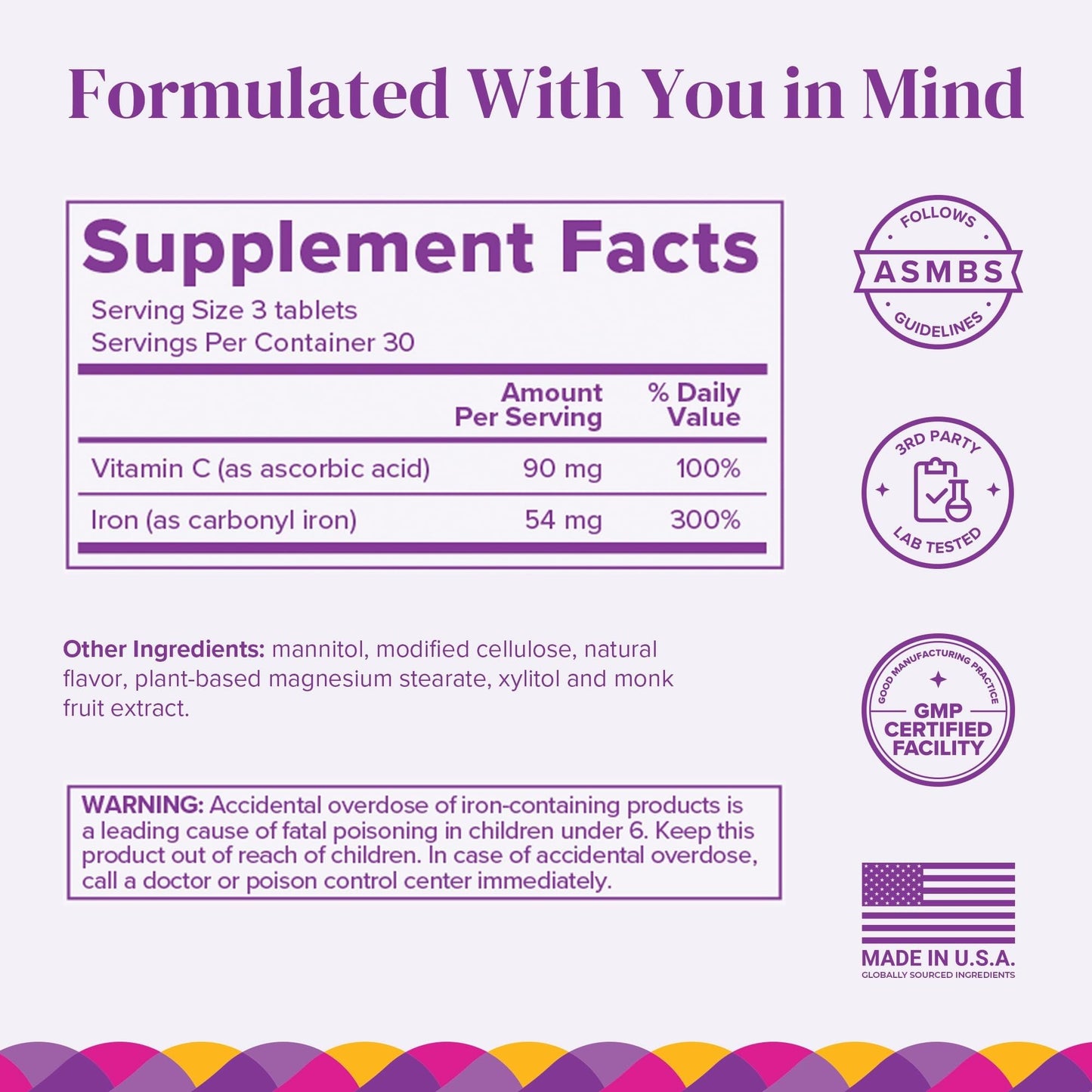 Sublingual Iron with Vitamin C, 90 Fast-Dissolving Tablets (1-Month Supply), Sugar-Free Iron Supplement for Women, Natural Orange Flavor