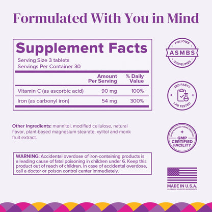 Sublingual Iron with Vitamin C, 90 Fast-Dissolving Tablets (1-Month Supply), Sugar-Free Iron Supplement for Women, Natural Orange Flavor