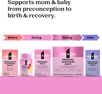 One A Day Prenatal Advanced- Prenatal Vitamins with Folic Acid, Choline, DHA & Iron, Pregnancy Vitamins for Women to Support Baby’s Development, 60+60 Ct (120 Total Set) (Packaging May Vary)