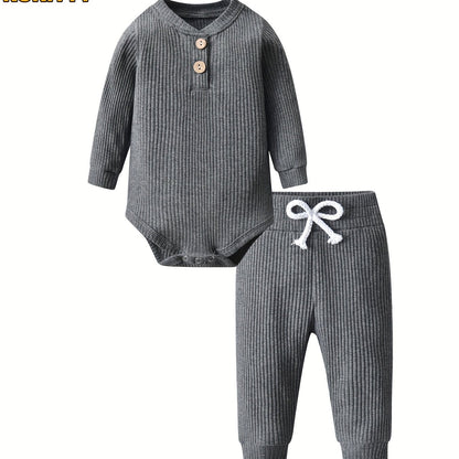 Long Sleeve Solid Color Ribbed Bodysuit And Pants Set