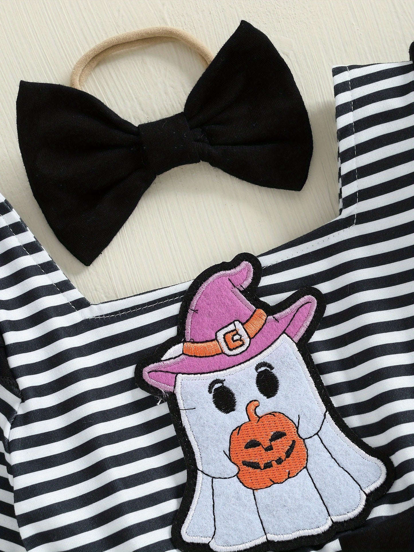 Baby Girl Halloween Romper Dress with Pumpkin & Ghost Pattern
