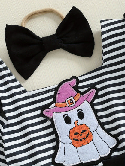 Baby Girl Halloween Romper Dress with Pumpkin & Ghost Pattern