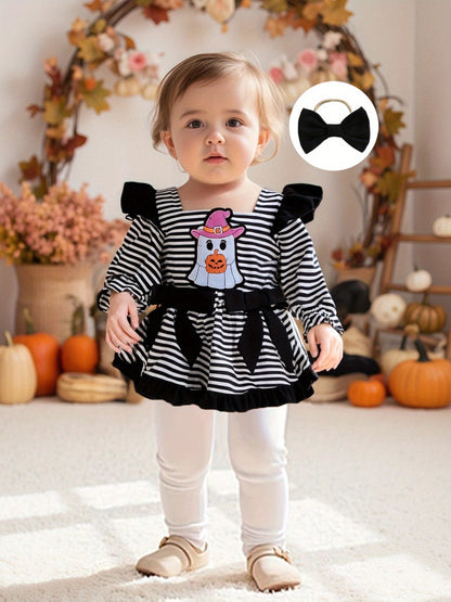 Baby Girl Halloween Romper Dress with Pumpkin & Ghost Pattern