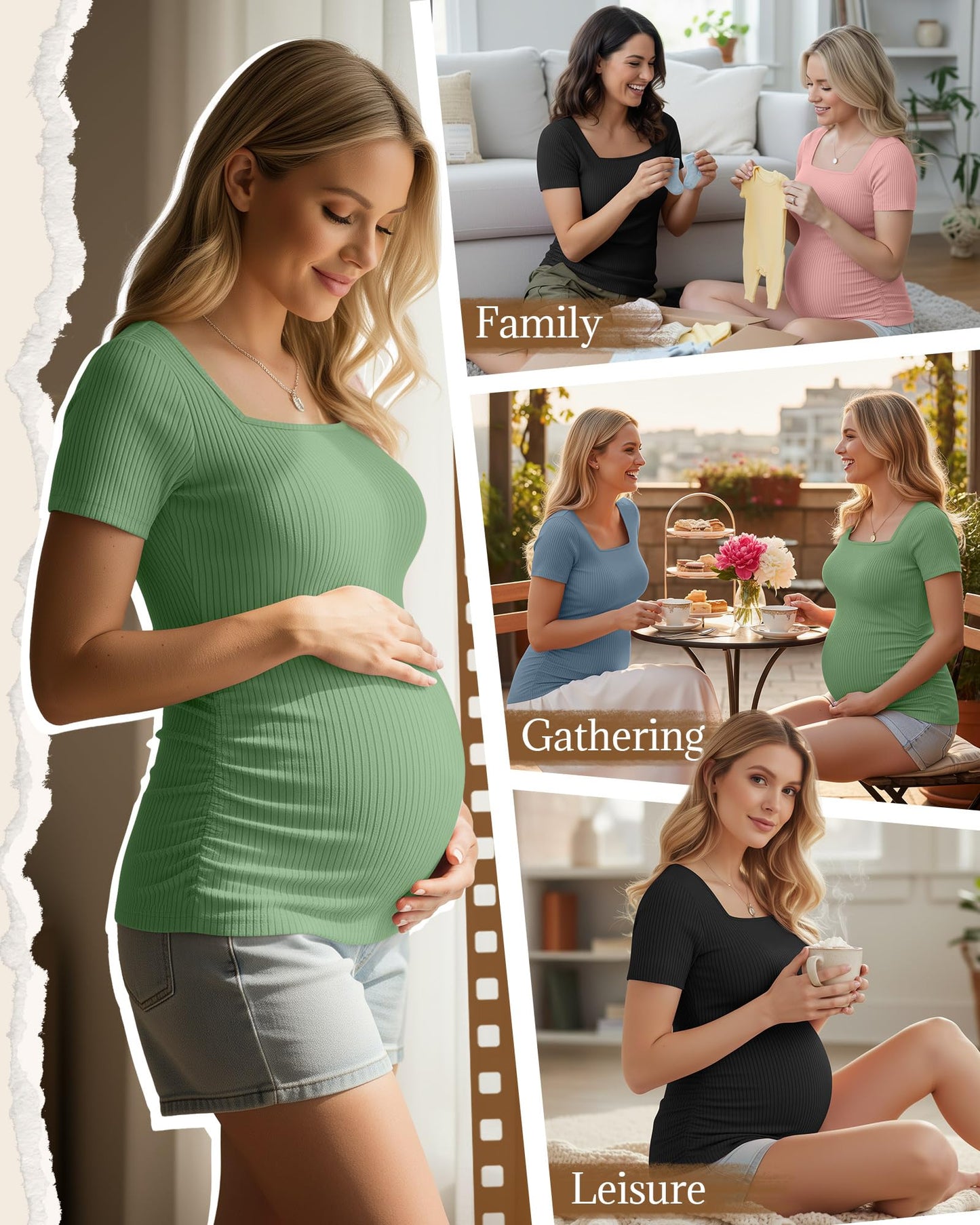 4 Pack Women's Maternity Shirts Cotton Ribbed Short Sleeve Square Neck Pregnancy Tops Side Ruched Summer Tee