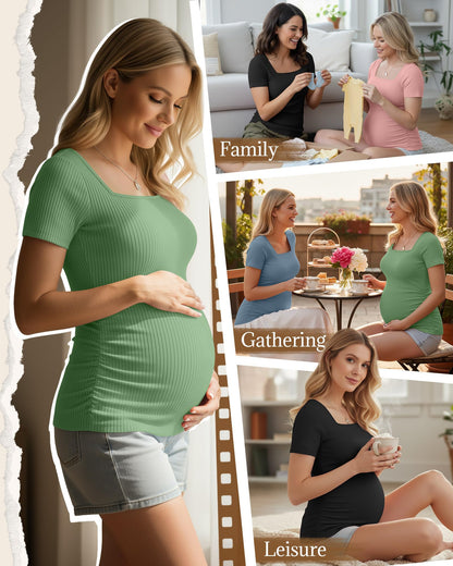 4 Pack Women's Maternity Shirts Cotton Ribbed Short Sleeve Square Neck Pregnancy Tops Side Ruched Summer Tee