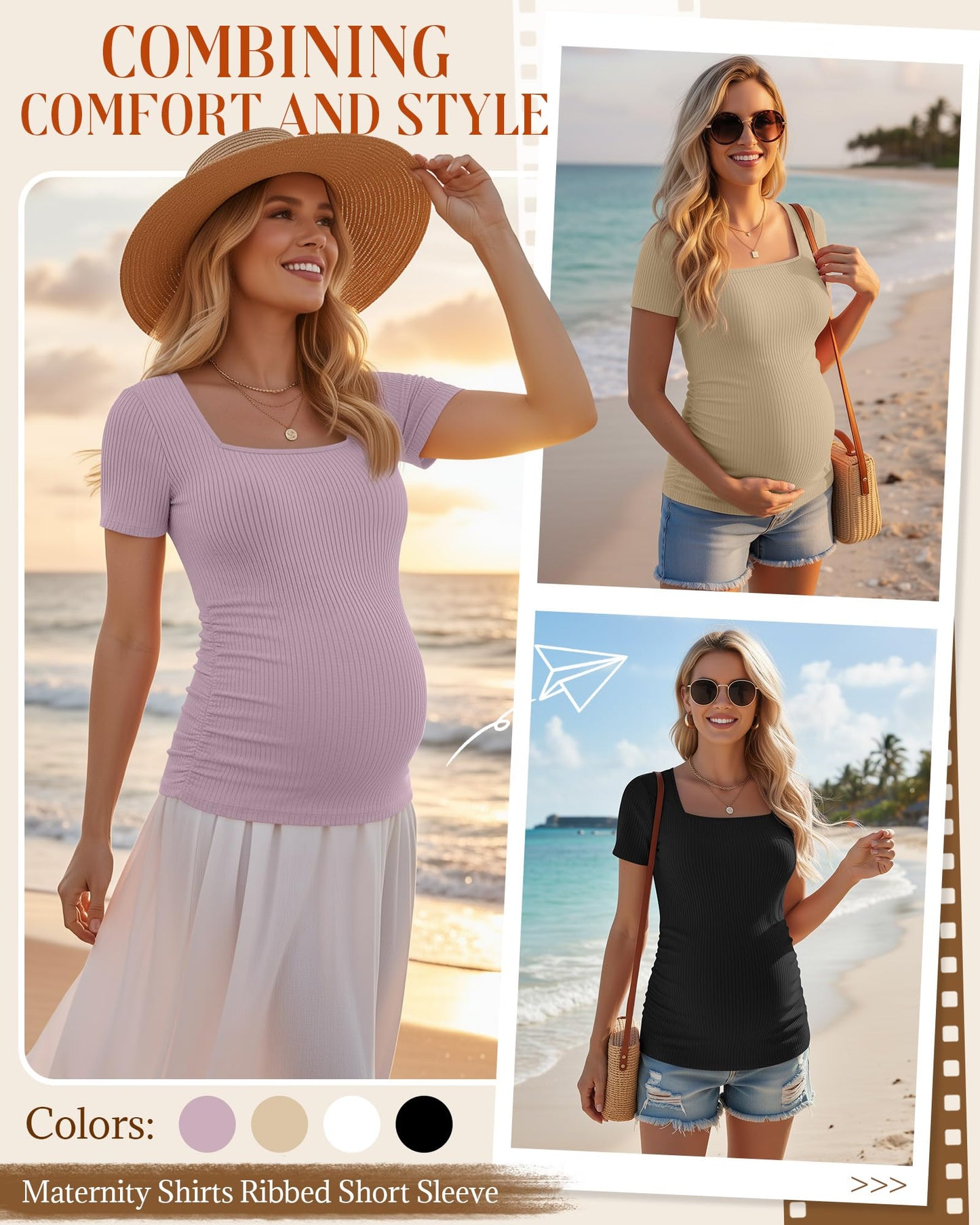 4 Pack Women's Maternity Shirts Cotton Ribbed Short Sleeve Square Neck Pregnancy Tops Side Ruched Summer Tee