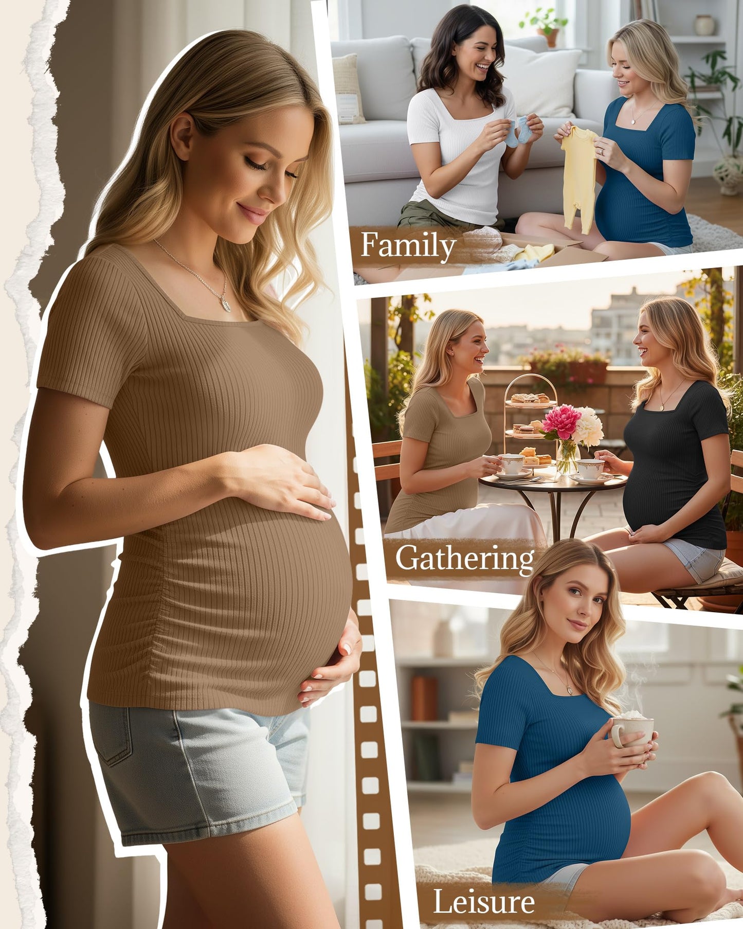 4 Pack Women's Maternity Shirts Cotton Ribbed Short Sleeve Square Neck Pregnancy Tops Side Ruched Summer Tee