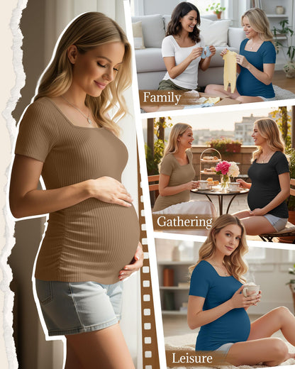 4 Pack Women's Maternity Shirts Cotton Ribbed Short Sleeve Square Neck Pregnancy Tops Side Ruched Summer Tee