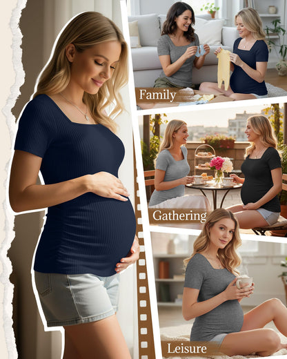 4 Pack Women's Maternity Shirts Cotton Ribbed Short Sleeve Square Neck Pregnancy Tops Side Ruched Summer Tee