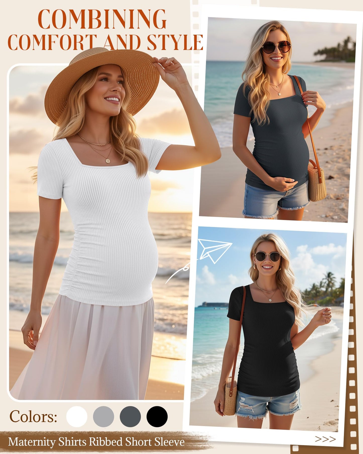 4 Pack Women's Maternity Shirts Cotton Ribbed Short Sleeve Square Neck Pregnancy Tops Side Ruched Summer Tee