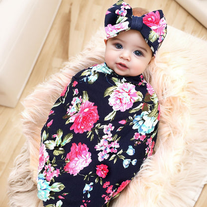 Newborn Receiving Blanket Headband Set Flower Print Baby Swaddle Blankets (Vintage)