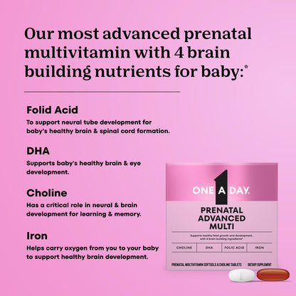 One A Day Prenatal Advanced- Prenatal Vitamins with Folic Acid, Choline, DHA & Iron, Pregnancy Vitamins for Women to Support Baby’s Development, 60+60 Ct (120 Total Set) (Packaging May Vary)