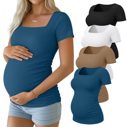 4 Pack Women's Maternity Shirts Cotton Ribbed Short Sleeve Square Neck Pregnancy Tops Side Ruched Summer Tee