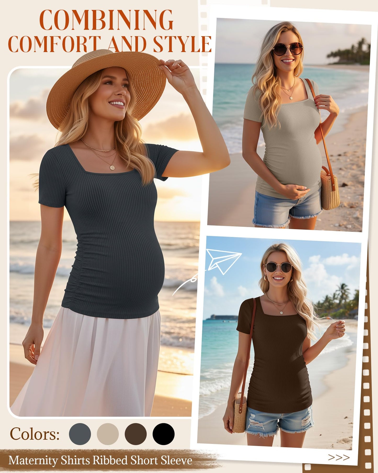 4 Pack Women's Maternity Shirts Cotton Ribbed Short Sleeve Square Neck Pregnancy Tops Side Ruched Summer Tee