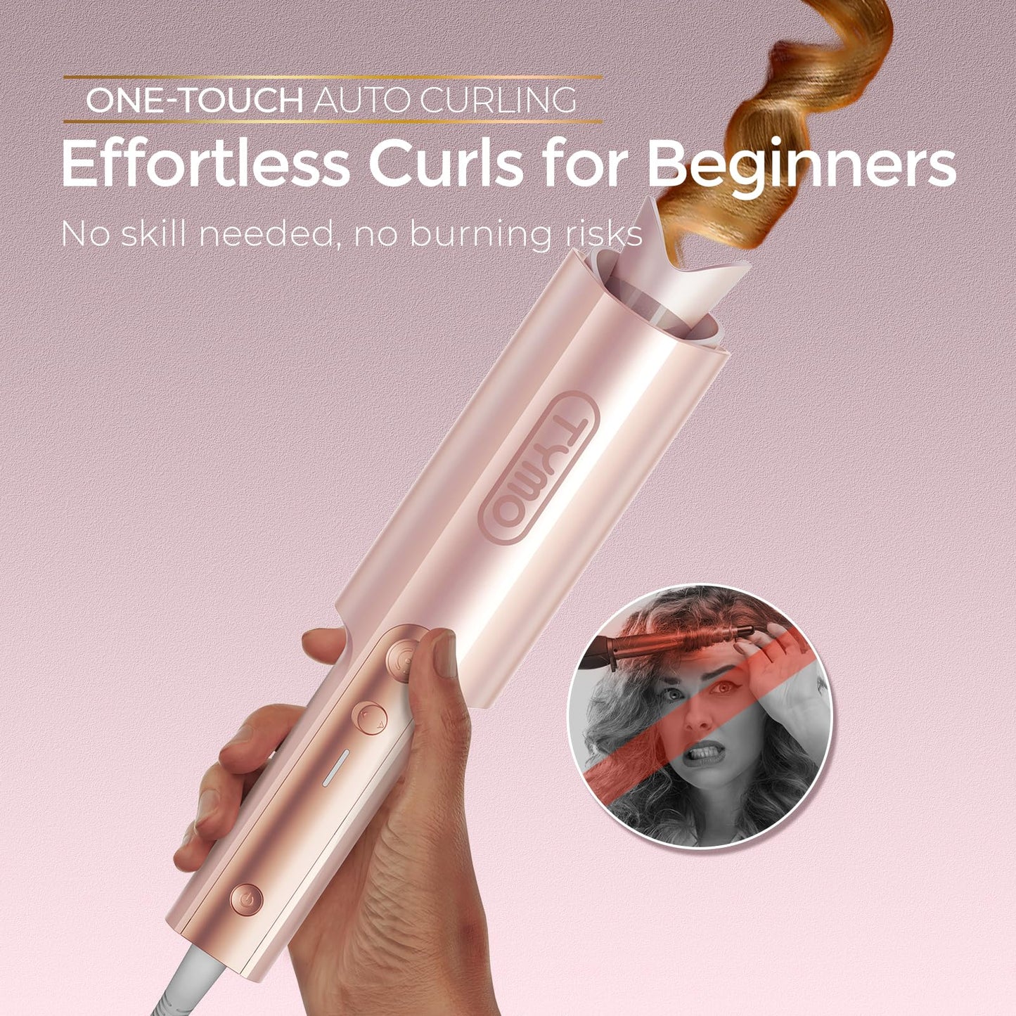 TYMO CurlPro Plus Automatic Rotating Curling Iron - Upgraded Long Barrel Curling Wand for Long Hair, Ceramic Hair Curler for Women, Anti-Scald, Tangle-Free, 600M Ionic, Dual Voltage, Gold, 1 Inch