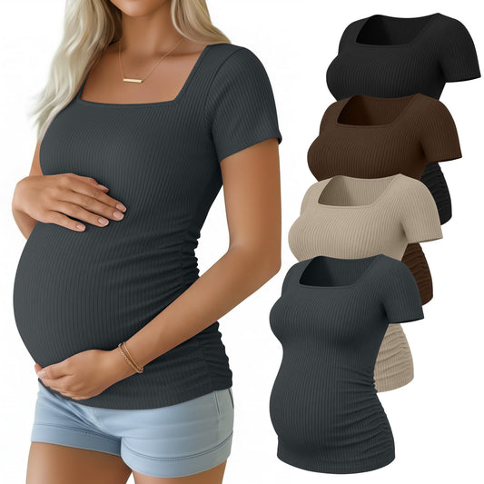 4 Pack Women's Maternity Shirts Cotton Ribbed Short Sleeve Square Neck Pregnancy Tops Side Ruched Summer Tee