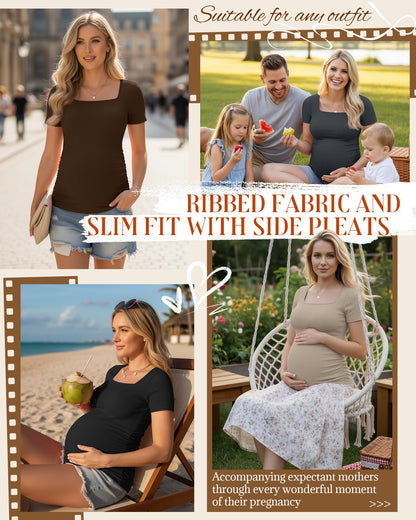 4 Pack Women's Maternity Shirts Cotton Ribbed Short Sleeve Square Neck Pregnancy Tops Side Ruched Summer Tee