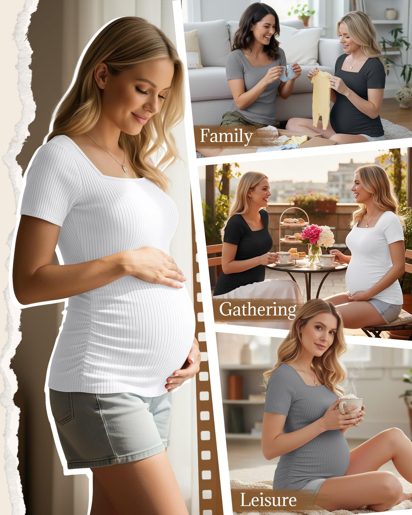 4 Pack Women's Maternity Shirts Cotton Ribbed Short Sleeve Square Neck Pregnancy Tops Side Ruched Summer Tee