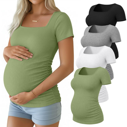 4 Pack Women's Maternity Shirts Cotton Ribbed Short Sleeve Square Neck Pregnancy Tops Side Ruched Summer Tee