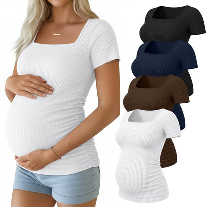 4 Pack Women's Maternity Shirts Cotton Ribbed Short Sleeve Square Neck Pregnancy Tops Side Ruched Summer Tee
