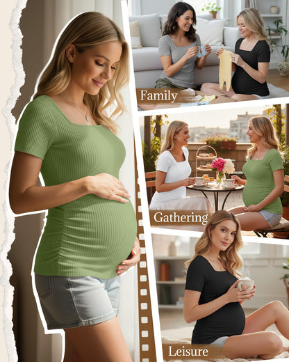 4 Pack Women's Maternity Shirts Cotton Ribbed Short Sleeve Square Neck Pregnancy Tops Side Ruched Summer Tee