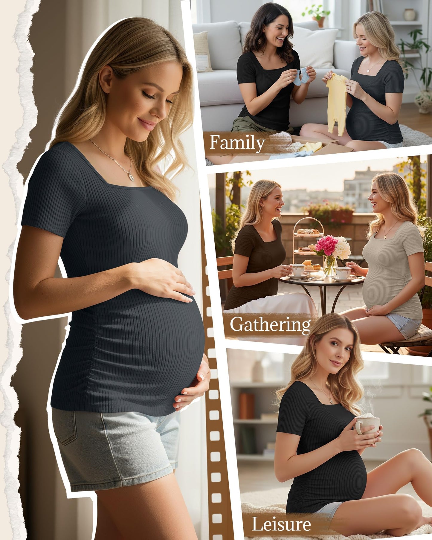 4 Pack Women's Maternity Shirts Cotton Ribbed Short Sleeve Square Neck Pregnancy Tops Side Ruched Summer Tee